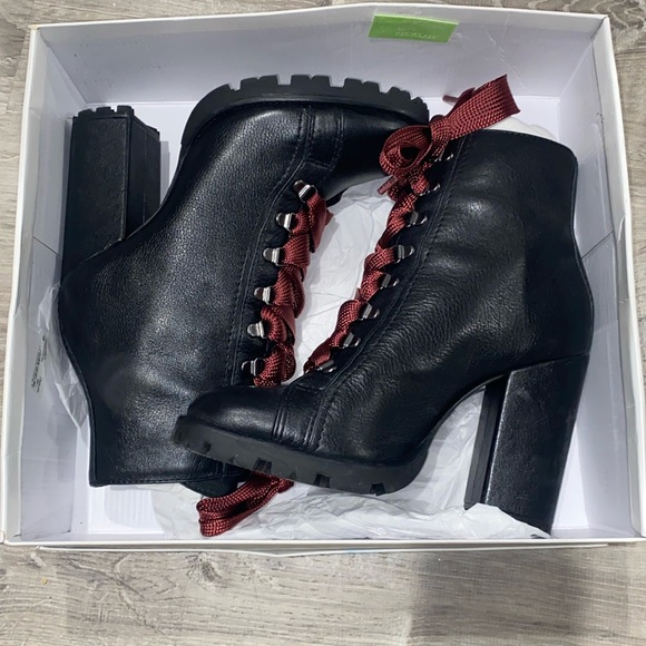 Schutz Black Booties women size 9 with burgundy & black shoelaces 4 inch heel ￼ - Picture 2 of 10